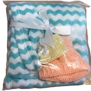 3 Blankets with Knit Caps/Booties NWOT